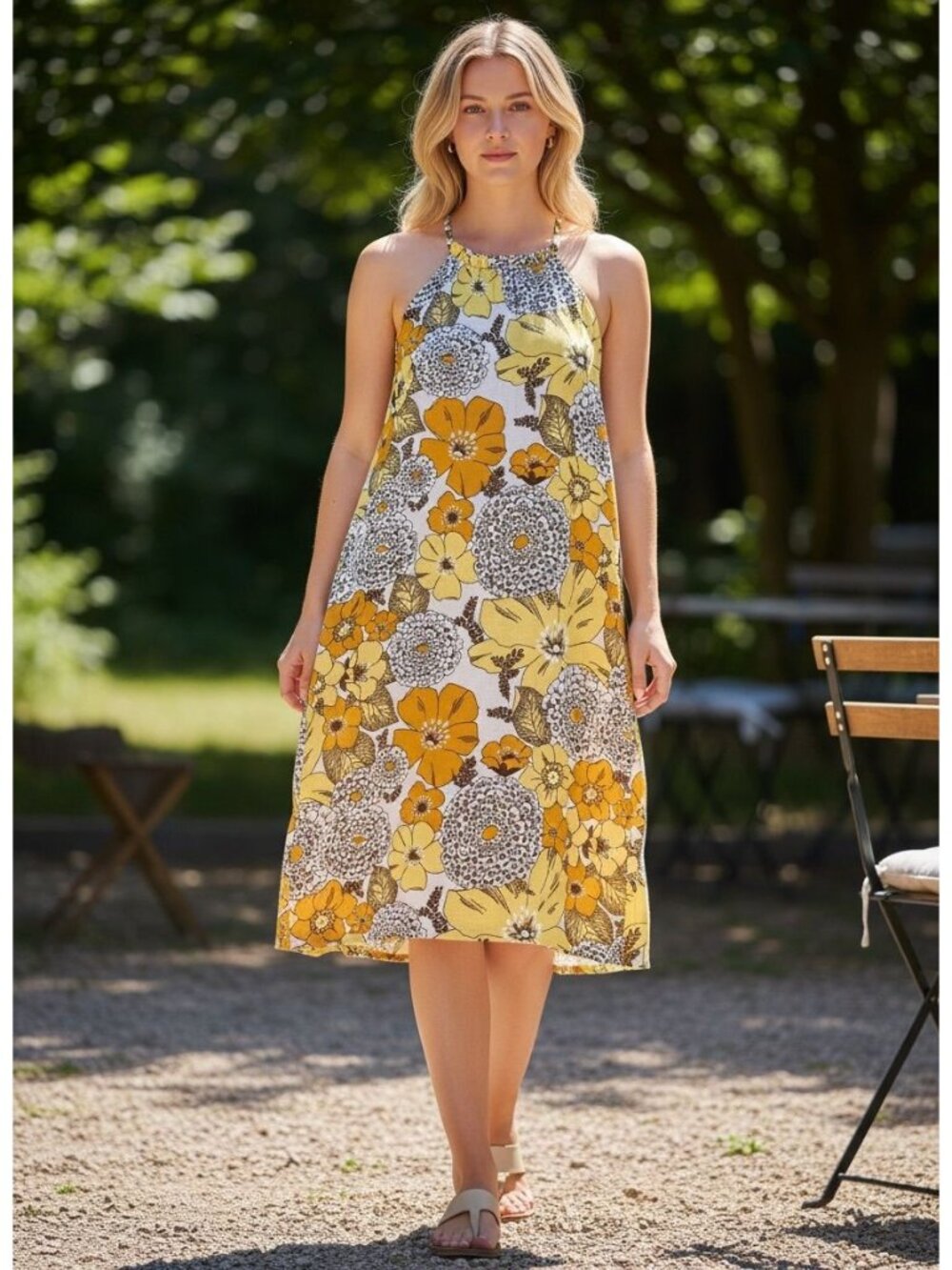 Floral Halter Midi Dress By Entro Yellow Scalloped Hem S Polyester Retro Summer
